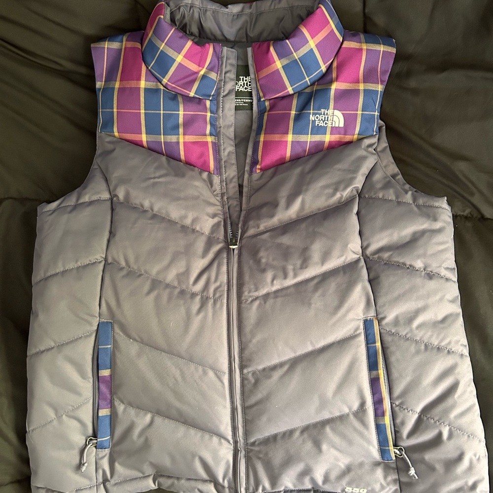 The North Face Dark Gray Jacket with Purple Plaid - Size L